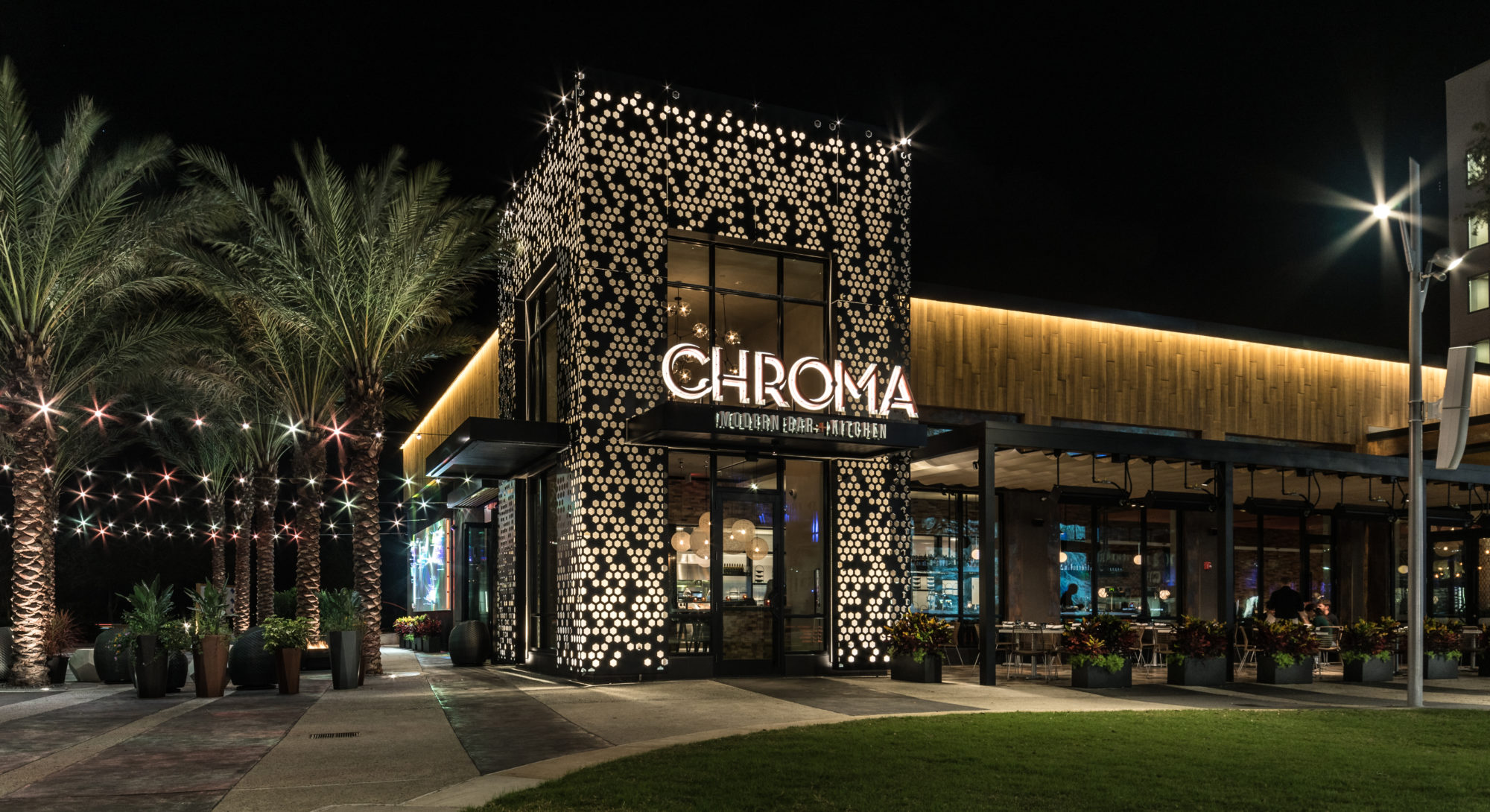 Chroma modern bar and kitchen restaurant exterior at Boxi Park
